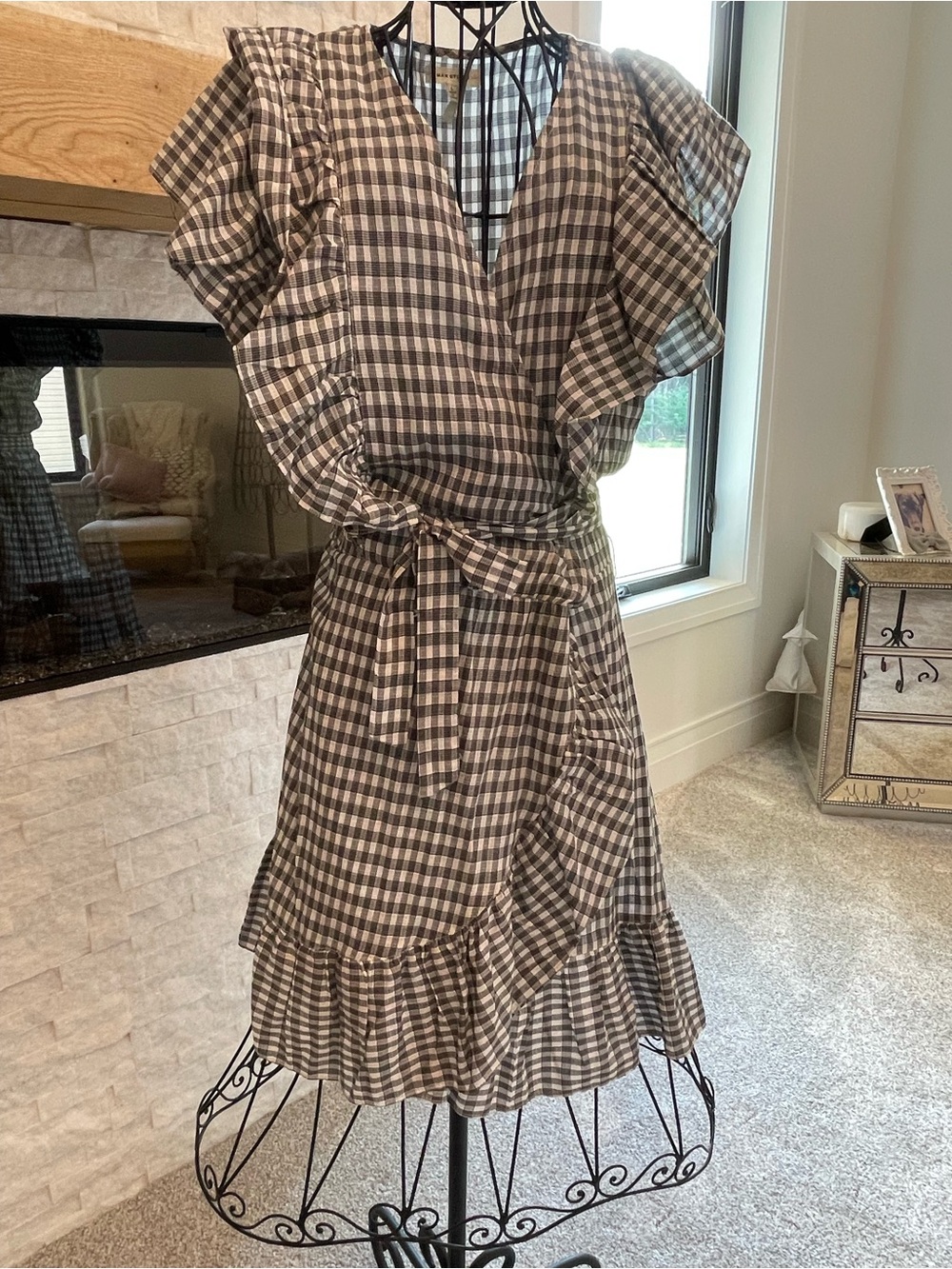 Black and White Checkered Wrap Dress with Ruffle Hem
